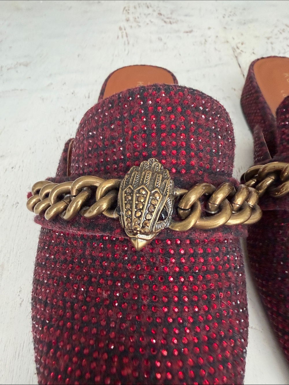Kurt Geiger Burgundy Tweed Chain-Embellished Loafers - Picture 4 of 4